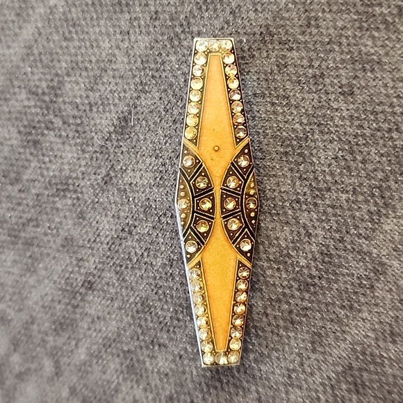 Pierre Bex Vintage Art Deco Silver Enamel Rhinestone Trombone Clasp Bar Pin - Picture 1 of 12